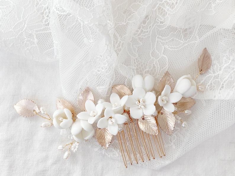Bridal hair comb, bridal hair jewelry with flowers and pearls, gold, pink, white, bridal jewelry for wedding, hair jewelry bride, bridal jewelry image 9
