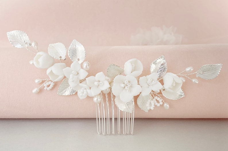 Bridal hair accessories wedding bridal jewelry hair flowers silver hair comb bride pearl hairpiece white classic flowers hair arrangement headpiece image 9