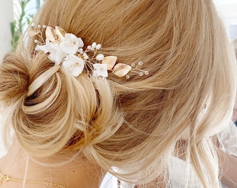 Peigne à cheveux de mariée avec fleurs et perles, or, blanc, bijoux de mariée pour mariage, coiffure de mariée, cheveux, demoiselle d'honneur, coiffure de mariée, bijoux de cheveux de mariée