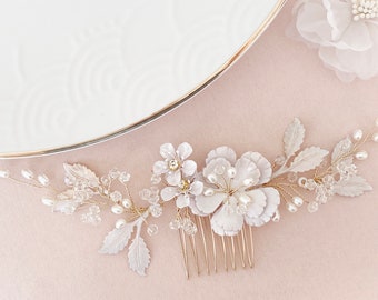 Pettine per capelli da sposa, accessori per capelli da sposa pettine in oro, fiori e perle, gioielli da sposa, parrucchino, pettine a spillo, fiori, acconciatura in oro bianco rosa