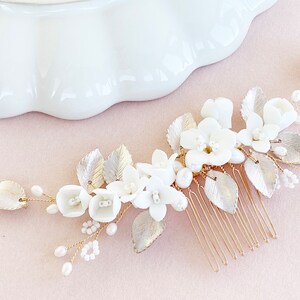 Peigne à cheveux de mariée, bijoux de cheveux de mariée avec fleurs et perles, or, rose, blanc, bijoux de mariée pour mariage, bijoux de cheveux mariée, bijoux de mariée image 4