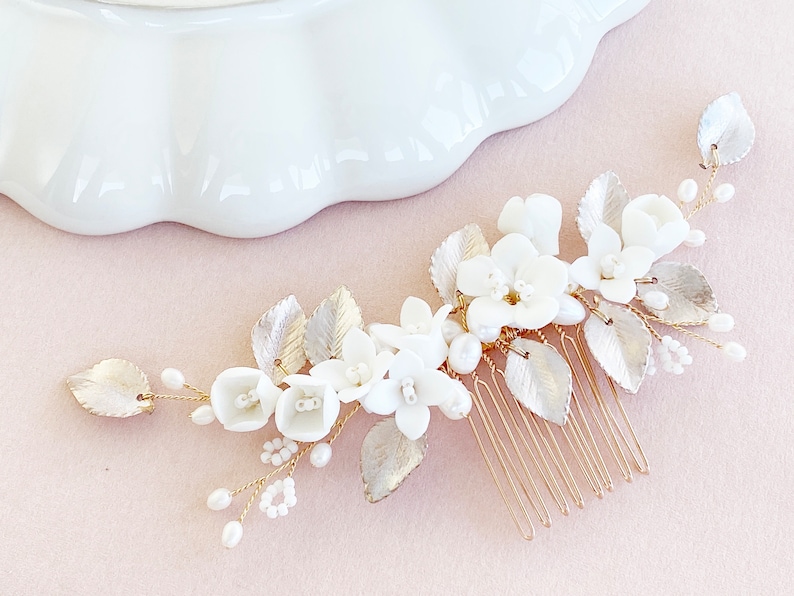 Peigne à cheveux de mariée, bijoux de cheveux de mariée avec fleurs et perles, or, rose, blanc, bijoux de mariée pour mariage, bijoux de cheveux mariée, bijoux de mariée image 4