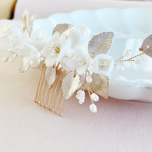 Bridal hair comb, bridal hair jewelry with flowers and pearls, gold, pink, white, bridal jewelry for wedding, hair jewelry bride, bridal jewelry image 7