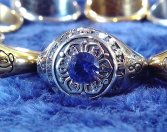 Buddhist Mantra Meditation Ring: Stainless Steel Lab Sapphire