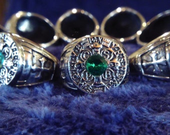 Medal Of Saint Benedict Ring, Silver-Plated Stainless Steel With 6.5mm Lab Sapphire or Moissanite