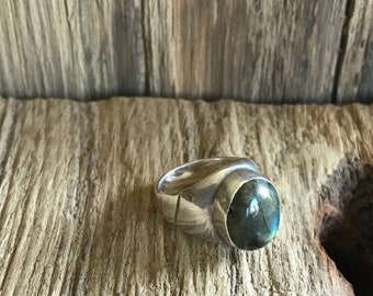 Ring Silver 925 Labradorite Cabochon 1970s Modernist Statement