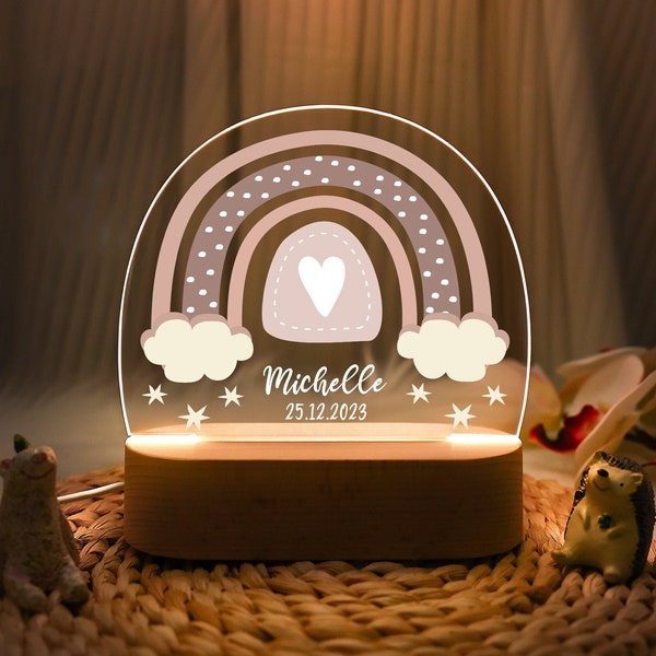 Veilleuse arc-en-ciel, veilleuse avec nom personnalisé, décoration pour chambre de bébé, lampe de chambre à coucher, lampe pour tout-petit, cadeau de Noël pour enfant, cadeau de baby shower