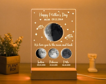 Personalized Moon Phase by Date Night Light, Nightlight with Name, Mothers Day Gift, Family Moon Phase Bedside Lamp, Gift for Mom, Nana Gift