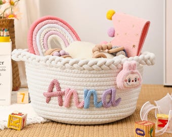 Cesta de bebé personalizada con nombre, cesta de regalo navideña hecha a mano para bebé, regalo para baby shower, cesta de algodón y cuerda para bebé, regalo para la habitación del bebé