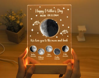 Luz noturna personalizada para mães e filhos com fases da lua, placa de acrílico com fases da lua por data, abajur de mesa LED, presente para o dia das mães, presente para a mãe, presentes para a família