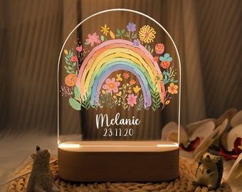 Veilleuse arc-en-ciel de fleurs personnalisée, veilleuse avec nom, décoration pour chambre de bébé, cadeau de Noël pour enfant, lampe de chambre à coucher, lampe pour tout-petit, cadeau nouveau-né