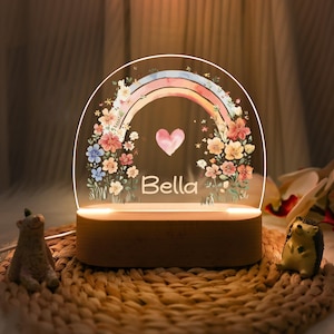 Personalized Color Rainbow Night Light, Floral Plaque with Name, Baby Room Decor, Bedroom Lamp, Toddler Lamp, Baptism Gift, Baby Shower Gift