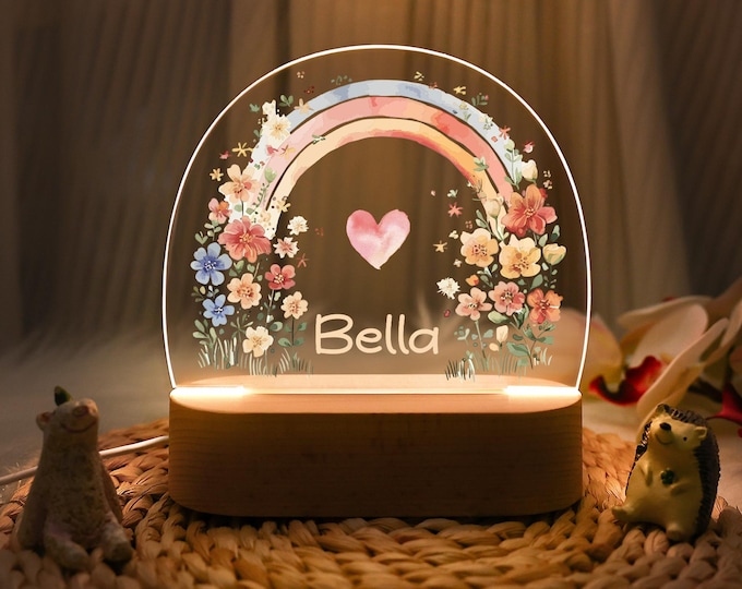 Personalized Color Rainbow Night Light, Floral Plaque with Name, Baby Room Decor, Bedroom Lamp, Toddler Lamp, Baptism Gift, Baby Shower Gift