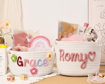 Personalized Knit Baby Basket, Newborn Girl Gift Basket, Cotton Rope Nursery Basket, Baby Woven Basket, Baby Shower Basket, Toy Basket