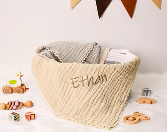 Manta de muselina bordada personalizada con nombre, manta para envolver a tu bebé, manta de regalo para baby shower, manta para recién nacido, regalo para niño o niña.