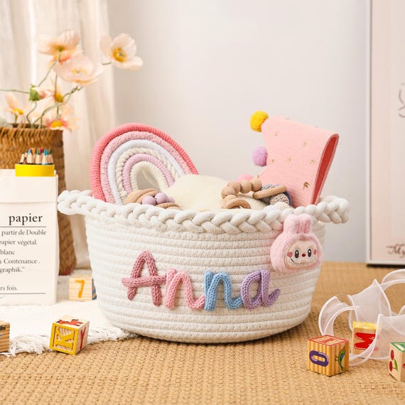 Personalized Baby Basket with Name, Handmade Baby Christmas Gift Basket, Newborn Baby Shower Gift, Rope Cotton Baby Basket, Nursery Gift