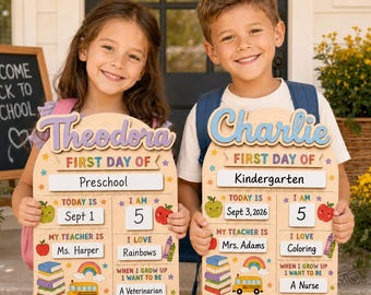 Individuell gestaltete Tafel für den ersten Schultag, personalisiertes Kindergartenschild, Foto-Requisite für den Schulanfang im Vorschulalter, Erinnerungsstück an wichtige Meilensteine der Kinder, Namensschild für die Schule