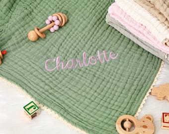 Custom Muslin Baby Blanket with Name, Embroidered Blanket Baby Shower Gift, Baby Swaddle Blanket, Organic Muslin Stroller Blanket Baby Gifts