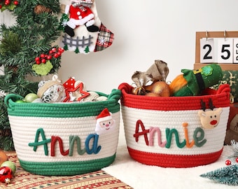 Cesta navideña de algodón personalizada con nombre de bebé, cesta para fiesta de Navidad para niños, regalo de decoración navideña, almacenamiento de juguetes, regalos de Navidad