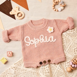 Personalized Hand Embroidered Knit Baby Sweater Romper, Custom Newborn Home Coming Romper, Infant Name Embroidered Romper, Baptism Gift