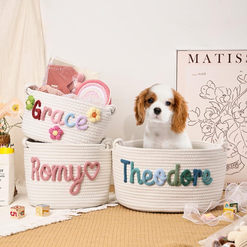 Puede incluir: Tres cestas de cuerda color crema con nombres bordados: "Grace", "Romy" y "Theodore". La cesta "Grace" tiene detalles de flores. Un cachorro Cavalier King Charles Spaniel est&aacute; sentado en la cesta "Theodore". Una impresi&oacute;n de Matisse est&aacute; en el fondo.
