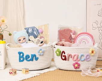 Cesta de regalo personalizada para baby shower, cesta hecha a mano personalizada con nombre, cesta de regalo de cuerda de algodón, cesta de almacenamiento, organizador de juguetes.