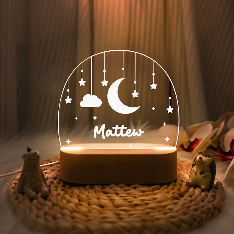 Veilleuse personnalisée pour bébé, nuages d'étoiles de lune, veilleuse personnalisée avec nom, cadeau pour enfants, décoration de chambre de bébé, lampe de chambre à coucher, cadeau de nouveau-né image 1