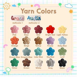 Puede incluir: Una carta de colores que muestra varios colores de hilo. La carta incluye una gama de colores, como rosa, rojo, naranja, amarillo, morado, azul, verde, marr&oacute;n, blanco, gris y negro. El texto "Yarn Colors" est&aacute; en la parte superior, con los nombres "Grace" y "Austin" encima de las muestras de color.