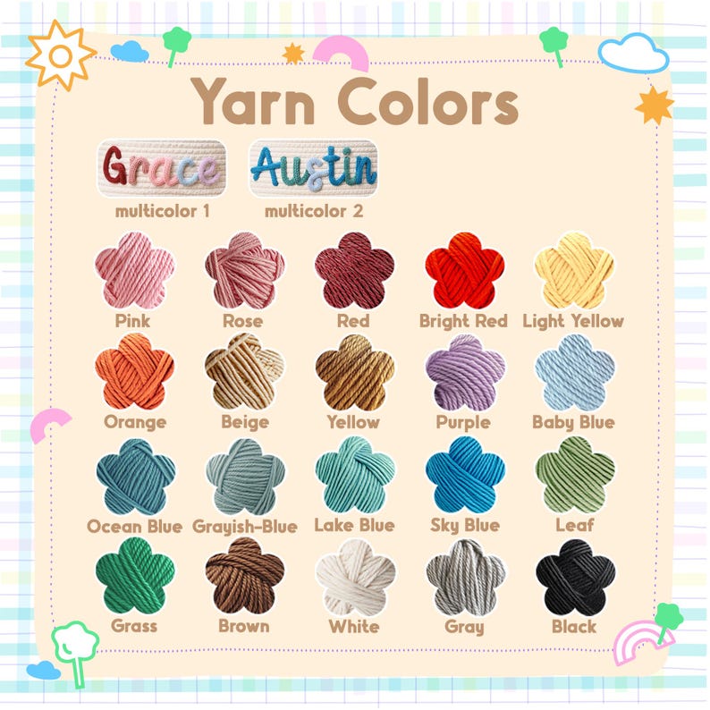 Puede incluir: Una carta de colores que muestra varios colores de hilo. La carta incluye una gama de colores, como rosa, rojo, naranja, amarillo, morado, azul, verde, marr&oacute;n, blanco, gris y negro. El texto "Yarn Colors" est&aacute; en la parte superior, con los nombres "Grace" y "Austin" encima de las muestras de color.