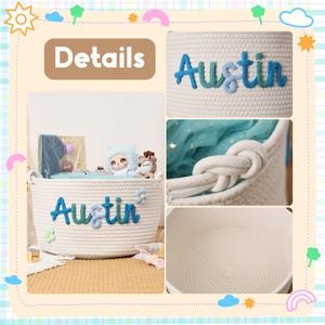 Puede incluir: Una cesta de cuerda blanca con el nombre "Austin" bordado en hilo azul y verde. La cesta contiene juguetes y objetos decorativos. La palabra "Detalles" est&aacute; en un recuadro marr&oacute;n en la parte superior de la imagen.