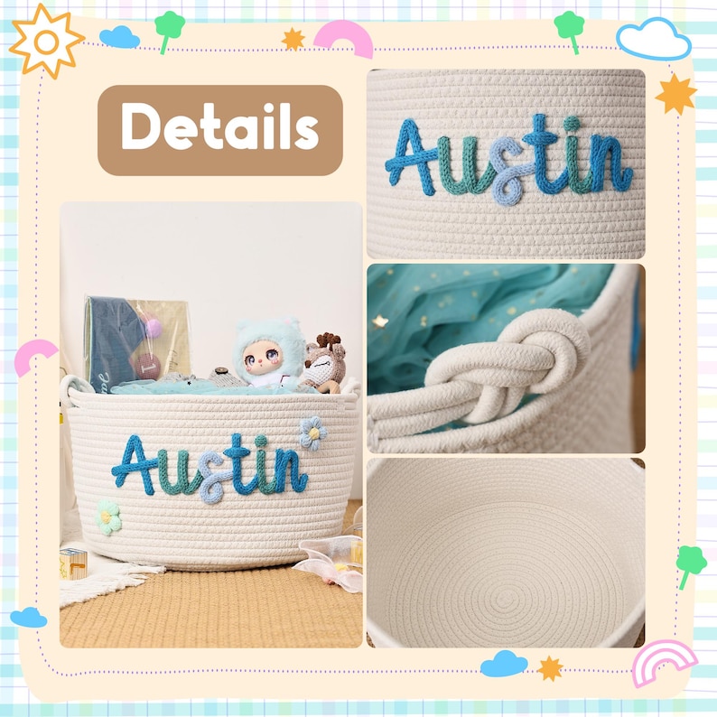 Puede incluir: Una cesta de cuerda blanca con el nombre "Austin" bordado en hilo azul y verde. La cesta contiene juguetes y objetos decorativos. La palabra "Detalles" est&aacute; en un recuadro marr&oacute;n en la parte superior de la imagen.