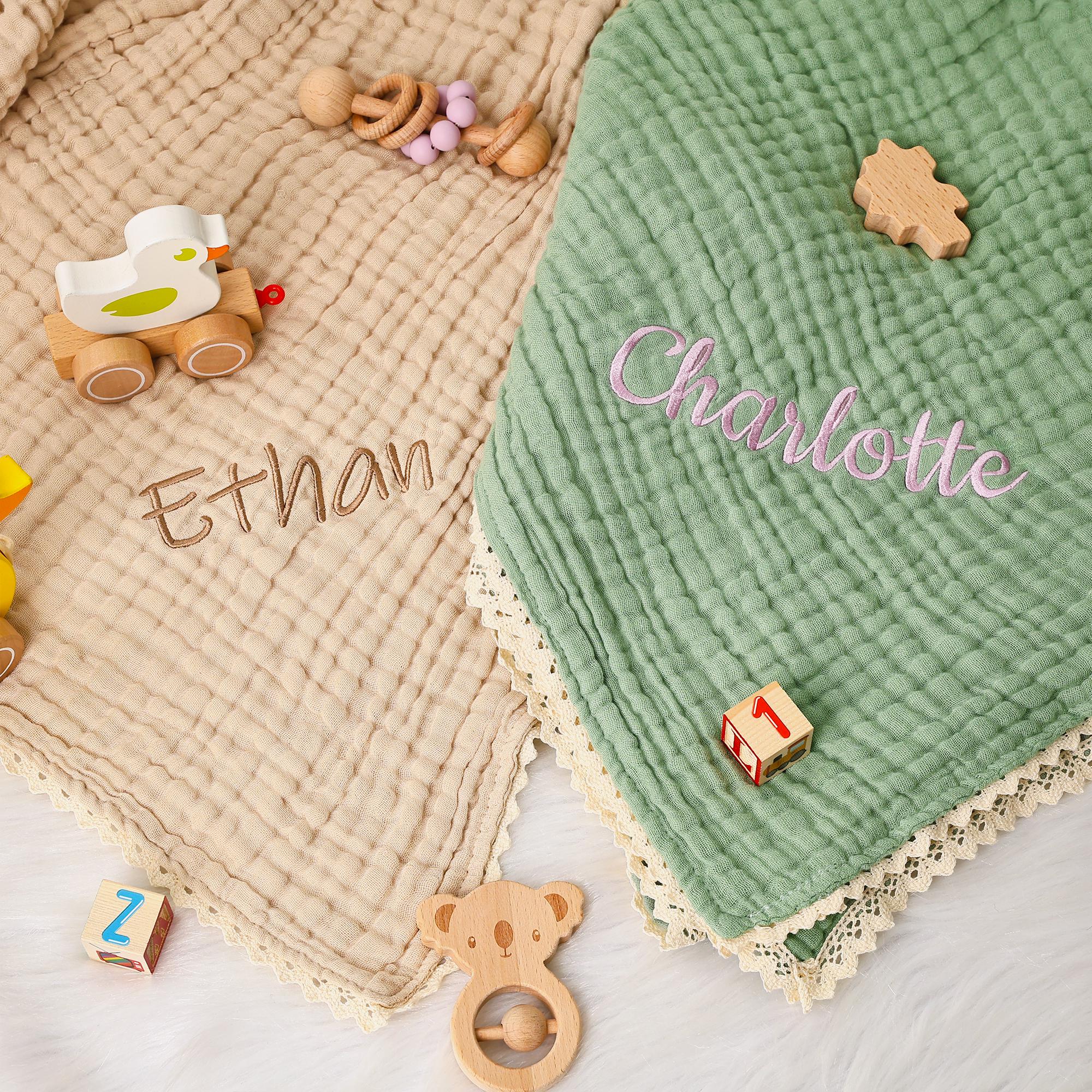 Personalized Baby Blanket for Baby Shower Gift, Organic Muslin Blanket, Embroidered Blanket with Name Newborn Gift, Baby Swaddle Blanket