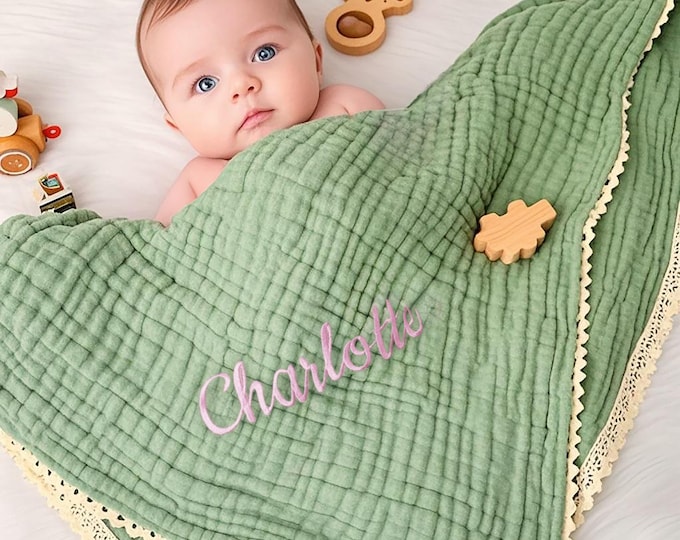 Personalized Baby Blanket for Baby Shower Gift, Organic Muslin Blanket, Embroidered Blanket with Name Newborn Gift, Baby Swaddle Blanket