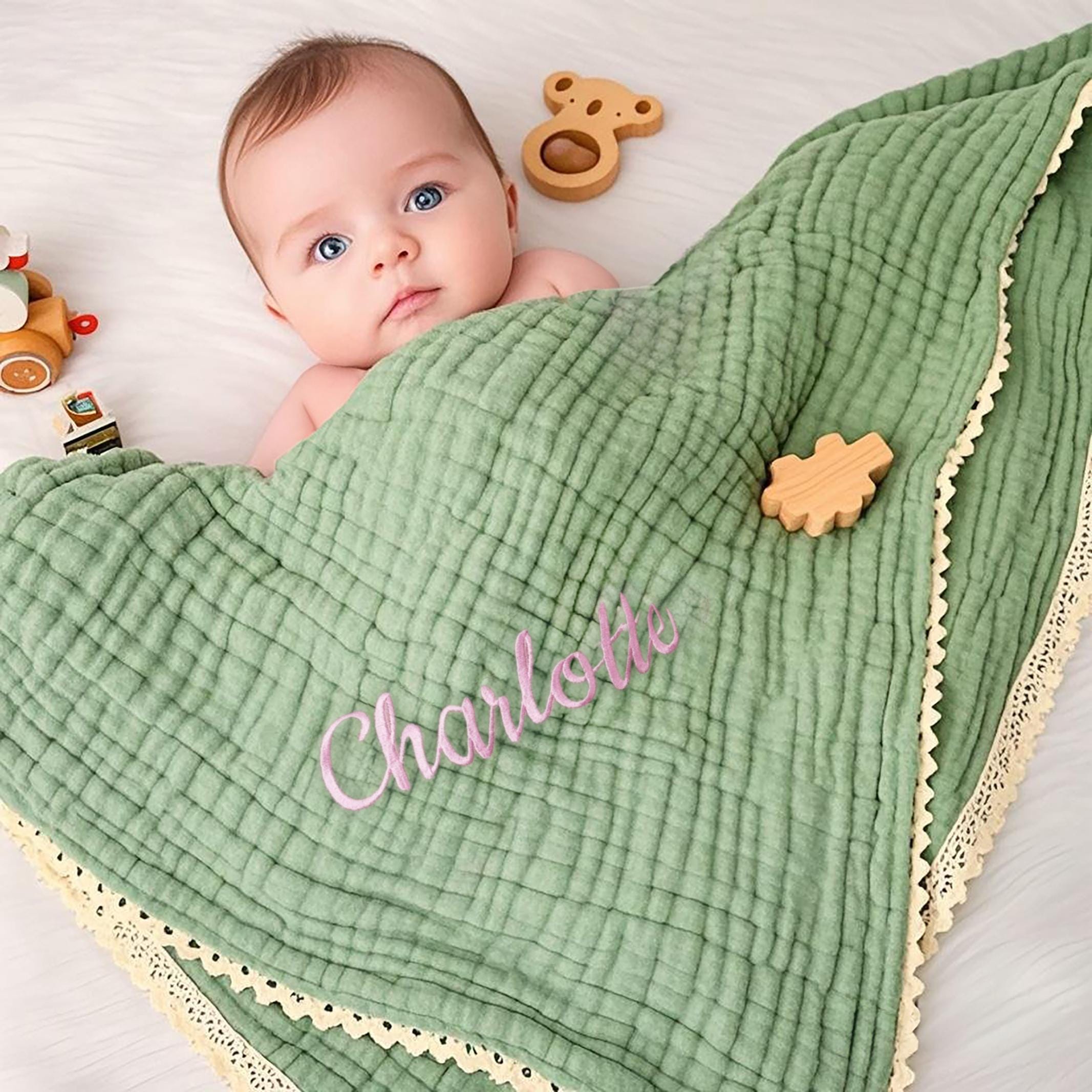Personalized Baby Blanket for Baby Shower Gift, Organic Muslin Blanket, Embroidered Blanket with Name Newborn Gift, Baby Swaddle Blanket