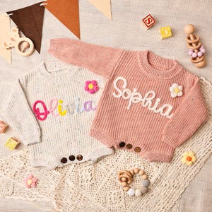 Embroidered Baby Sweater Romper, Knit Baby Outfit, Custom Embroidered Name Romper, Baby Gift, Infant Baby Girl Boy Romper, Baby Name Outfit