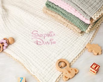 Personalized Baby Blanket, Organic Cotton Muslin Baby blanket, New Baby Gift for Girl/ Boy, Muslin Baby Shower Quilt, Baby Swaddle Blanket