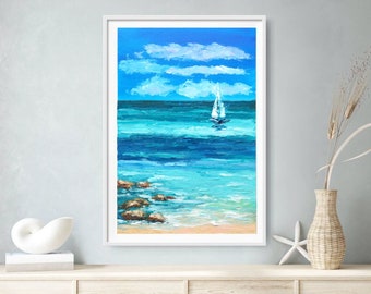 Pintura de velero en Miami Beach: Paisaje marino original al óleo con impasto (30,5 x 20,3 cm)