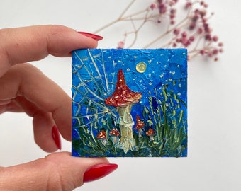 Mushroom painting Fly agaric original Art Amanita Mushroom Oil Painting Mushroom Wall Art Fly agaric tiny painting Amanita artwork 2x2 inch