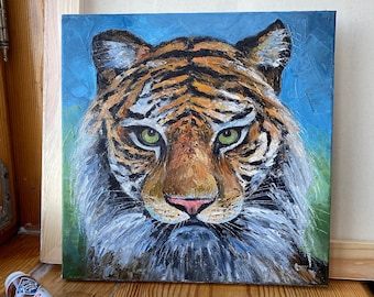 Pintura de tigre: Retrato original al óleo en pasta, arte mural de animales de 10 x 10 pulgadas