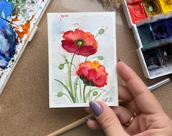 California Poppy Painting ACEO aquarelle originale art floral œuvre d’art Poppy Original Wall Art Red Flower Aquarelle Peinture Coquelicots Artwork