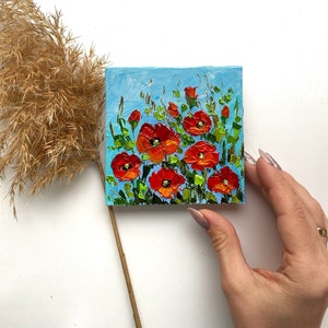 Pintura de papoula flores arte original arte de parede de papoula da Califórnia pintura de papoula vermelha flores impasto arte papoula pequena pintura floral 4x4