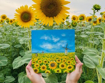 インパストひまわり畑の絵画：オランダの風車の風景、8x8のオリジナル