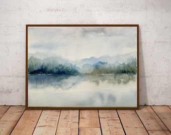 Foggy lake watercolor blue green wall art panoramic landscape minimalist wall art mountains painting large abstract nature art print