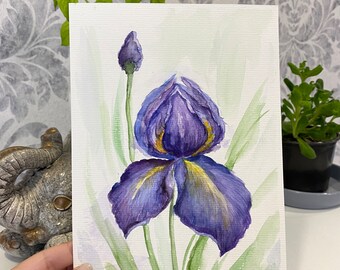 オリジナルパープルアイリス水彩画：花の壁アート（8x6） - Etsy 日本