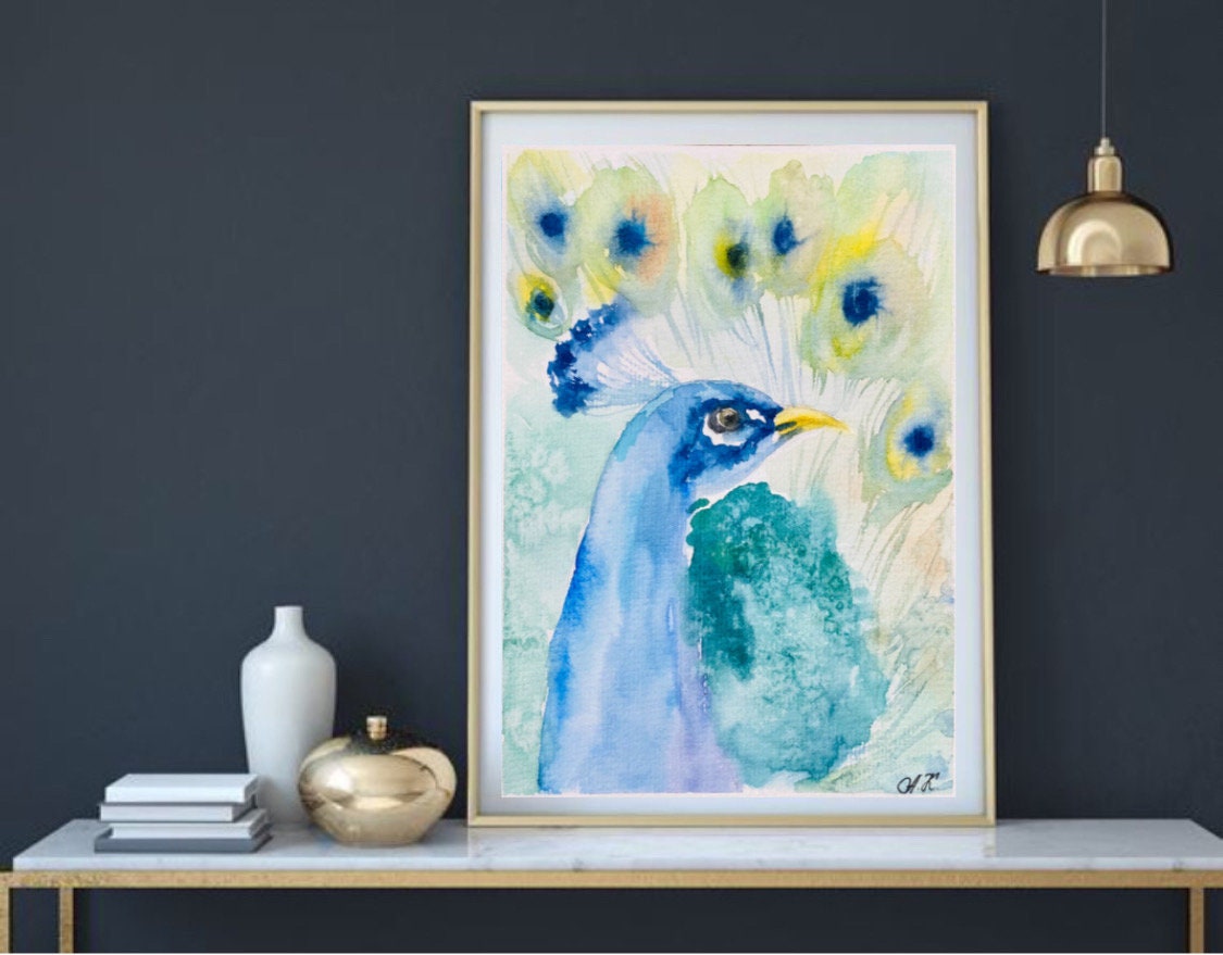 オリジナルの孔雀の水彩画：カラフルな鳥の壁アート（8x6） - Etsy 日本