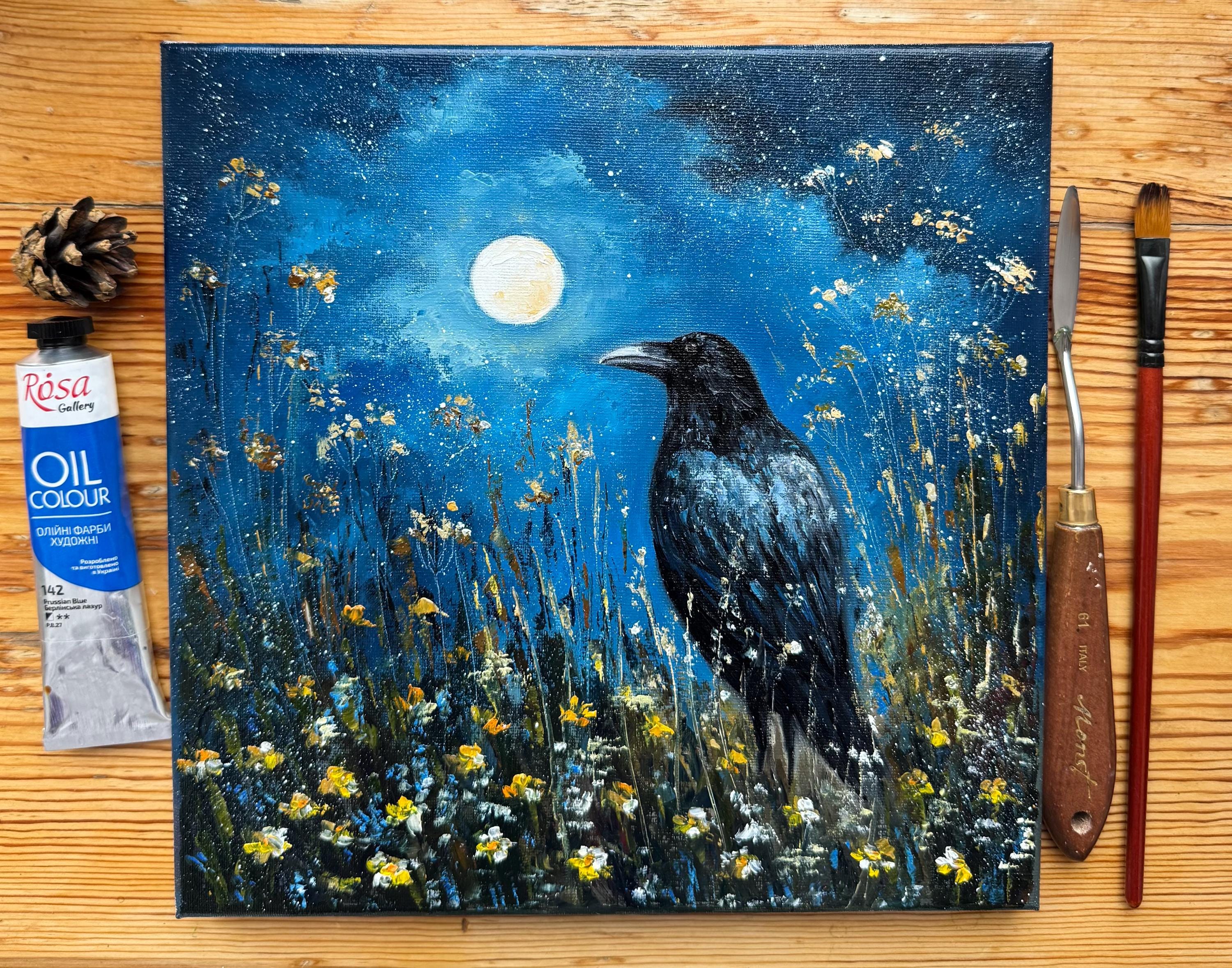 Raven Oil Painting: Impasto Crow Art, Black Bird Canvas (10x10