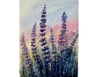 Lavendelfeld Aquarell: Provence Landschaftsbild (6x8)