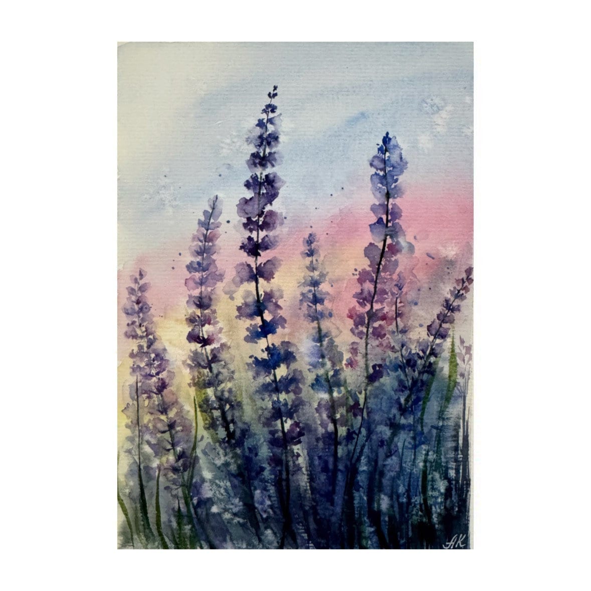 ラベンダー畑の水彩画：プロヴァンスの風景画（6x8） - Etsy 日本