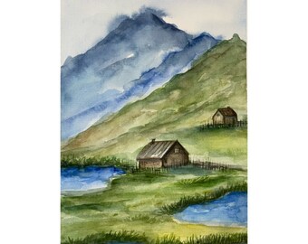 Scotland Painting Cottage Original Watercolor Art Scottish Hills Painting Cottage Landscape Wall Art Scotland Landscape artwork 8x6 by Alla