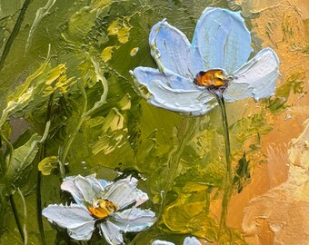 デイジーの油絵：厚塗り技法を用いた花畑の風景画（6×4インチ） - Etsy